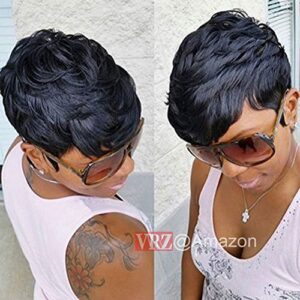 VRZ Short Curly Human Hair Wigs pixie Cut Summer Short Hair Wigs for Women Black Color 1B