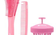 HEETA 3Pcs Detangler Brush, Hair Shampoo Brush for Dry and Wet Hair, Silicone Scalp Massager, Detangling Hair Comb Set for Wavy Kinky Curly Thin Thick Long Short Hair for Women Men, and Kids (Pink)