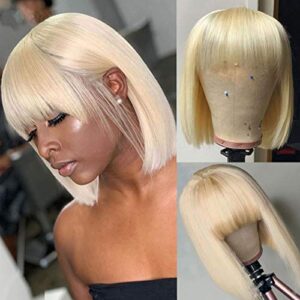 Kressi 12 Inch Short Blonde Human Hair Wig with Bangs 613 Straight Blonde Wigs for Black Women Unprocessed Brazilian Virgin Hair Glueless Machine Made None Lace Front Wig 150% Density