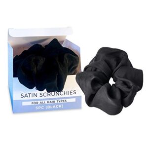 Clovisa Satin Hair Scrunchies - Scrunchy Hair Ties - 5 Black Scrunchies - Slips Gently On & Off, Protects Hair, Reduces Breakage, Yet Holds Firm - Soft, Smooth, Beautiful for Cute Trendy Hairstyle