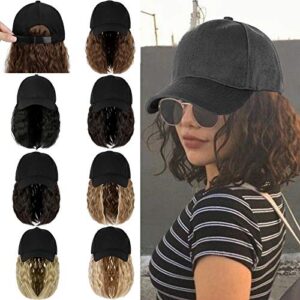 Qlenkay Baseball Cap Hair with 14 inch Wave Curly Bob Hairstyle Adjustable Wig Hat Attached Short Extensions Synthetic for Women Natural Black