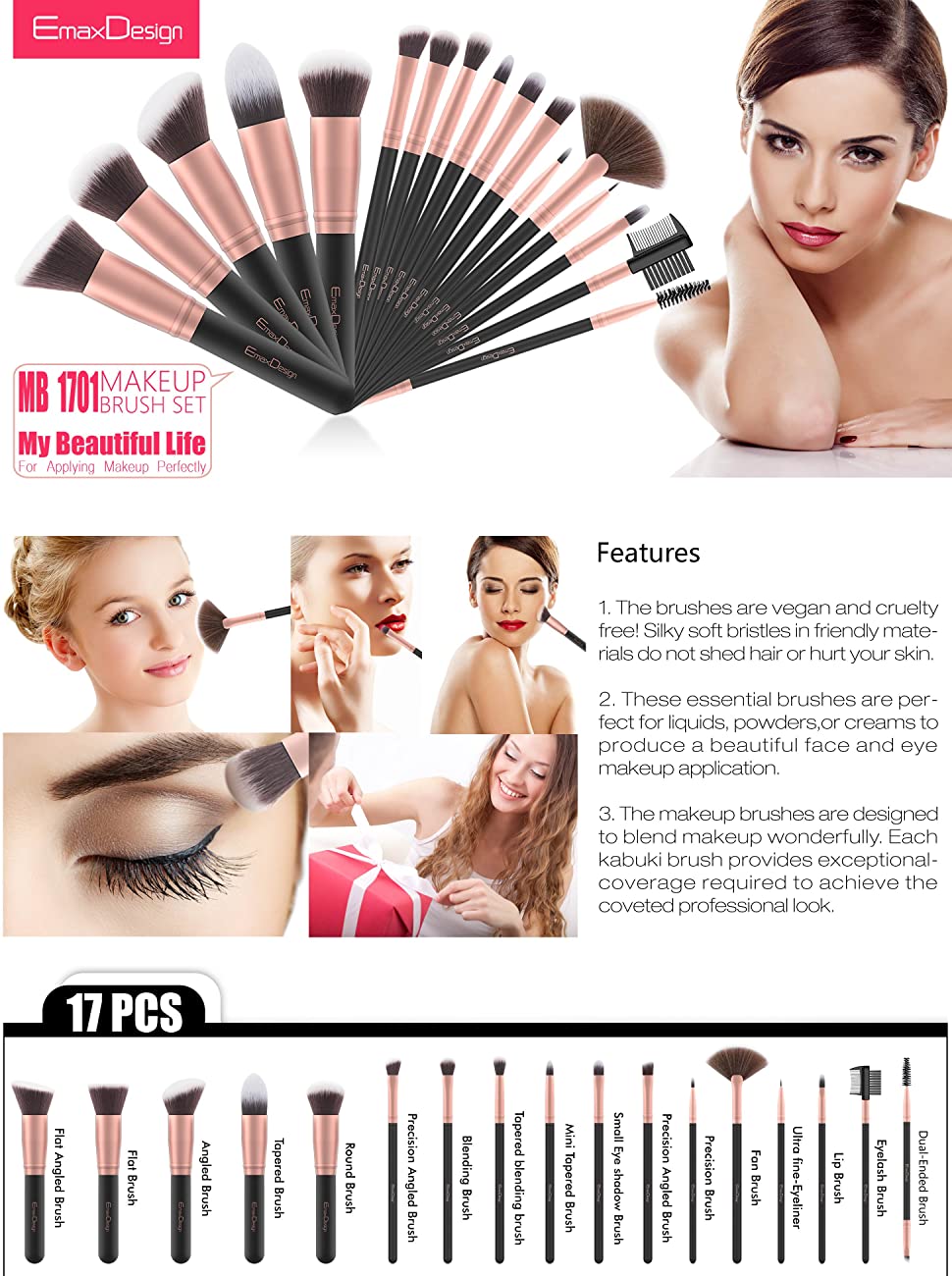 EmaxDesign Makeup Brushes 17 Pieces 