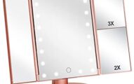 Flymiro Tri-fold Lighted Vanity Makeup Mirror with 3x/2x Magnification,21 LEDs Light and Touch Screen,180 Degree Free Rotation Countertop Cosmetic Mirror,Travel Makeup Mirror (Rose Gold)