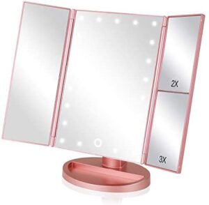 EASEHOLD Makeup Vanity Mirror with 2X 3X Magnifying Dimmable 21 LED Lighted Desk Mirror Adjustable 180 Degree Rotation Touch Screen Dual Power Supply Countertop Portable Tri-Fold Mirror