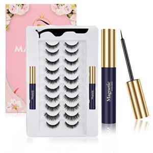 Magnetic Eyelashes with Eyeliner, No-Glue Natural Lashes Kit with Tweezers, 10-Pairs Reusable and Natural Falling Mink Magnetic Eyelashes Kit with 2 Tubes of Magnetic Eyeliner