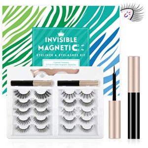 Upgraded Magnetic Eyelashes with Eyeliner, Invisible Magnetic Lashes False Mink Kits with 2 Liquid Eyeliner 10 Invisible Reusable Waterproof False Eyelashes