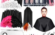 260 Pieces Disposable Makeup Tools Kit, Includes Eyeliner Brushes Mascara Wands Lipstick Applicators Makeup Hair Clips Plastic Box Short Waterproof Cape Stainless Steel Makeup Palette and Spatula