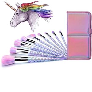 Ammiy Unicorn Makeup Brushes 10pcs With Colorful Bristles Unicorn Horn Shaped Handles Fantasy Makeup Brush Set Foundation Eyeshadow Unicorn Brush Kit With a Cute Iridescent Carrying Case