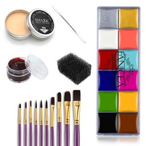 FANICEA Professional Special Effects SFX Makeup Kit with Wound Modeling Scar Wax, 12 Colors Face Body Paint Oil, 10 Purple Brushes, Spatula Tool, Black Stipple Sponge, Coagulated Blood