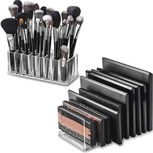 byAlegory Set of (1) Acrylic Makeup Brush Organizer w/Deep Slots & (1) Acrylic Makeup Eyeshadow Palette Organizer w/Removable Dividers For Cosmetic Product Storage- Clear