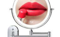 8 Inch Wall Mounted Lighted Makeup Vanity Mirror with 3 Color Lights, Double Sides 1X/5X Magnifying Bathroom Makeup Mirror, Touch Screen Dimming, Double Power Supply, 360°Cosmetic Shaving Mirror