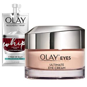 Olay Ultimate Eye Cream for Wrinkles, Puffy Eyes + Dark Circles, 0.4 Oz + Whip Face Moisturizer Travel/Trial Size Gift Set