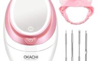 OKACHI Facial Steamer, Face Steamer with Double-Sided LED Makeup Mirror, Ion Hot Mist Steamer for Pore Cleaning, Personal Moisturizing Humidifier for Skincare Beauty