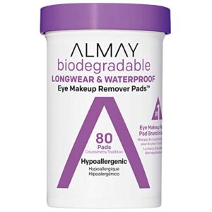 Almay Biodegradable Longwear & Waterproof Eye Makeup Remover Pads, Hypoallergenic, Cruelty Free, Fragrance Free Cleansing Wipes, 80 count, white (7255349000)