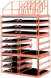HBlife Acrylic Jewelry and Cosmetic Storage Drawers Display Makeup Organizer Boxes Case with 11 Drawers, 9.5" x 5.4" x 15.8", 4 Piece, Orange