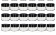 24 Pack 1oz Clear Round Glass Jars - Empty Cosmetic Containers with Inner Liners, black Lids and Glass Sample Jars with labels For Slime, Beauty Products, Cosmetic, Lotion，Powders and Ointments