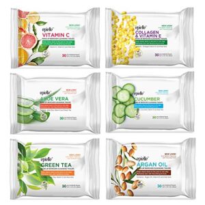 Epielle New Makeup Remover Cleansing Wipes Tissue | Gentle for all Skin Types | Daily Facial Cleansing Towelettes | Removes Dirt, Oil, Makeup | Nicely Scented - Vit C, Collagen, Aloe, Cucumber, Green Tea, Argan Oil | 30 Count | Assorted 6 Pack