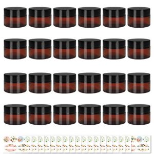 24 Pack 15g/0.5 oz Amber Round Glass Jars - Empty Cosmetic Containers with Inner Liners, black Lids and Glass Sample Jars with labels For Slime, Beauty Products, Cosmetic, Lotion，Powders and Ointments