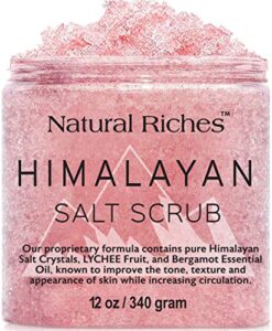 Natural Riches Himalayan Salt Body Scrub - (12 Oz / 340 gm) - Deep Cleansing Exfoliator, All-Natural exfoliate with Vitamin C, Bergamot and Lychee Essential Oils